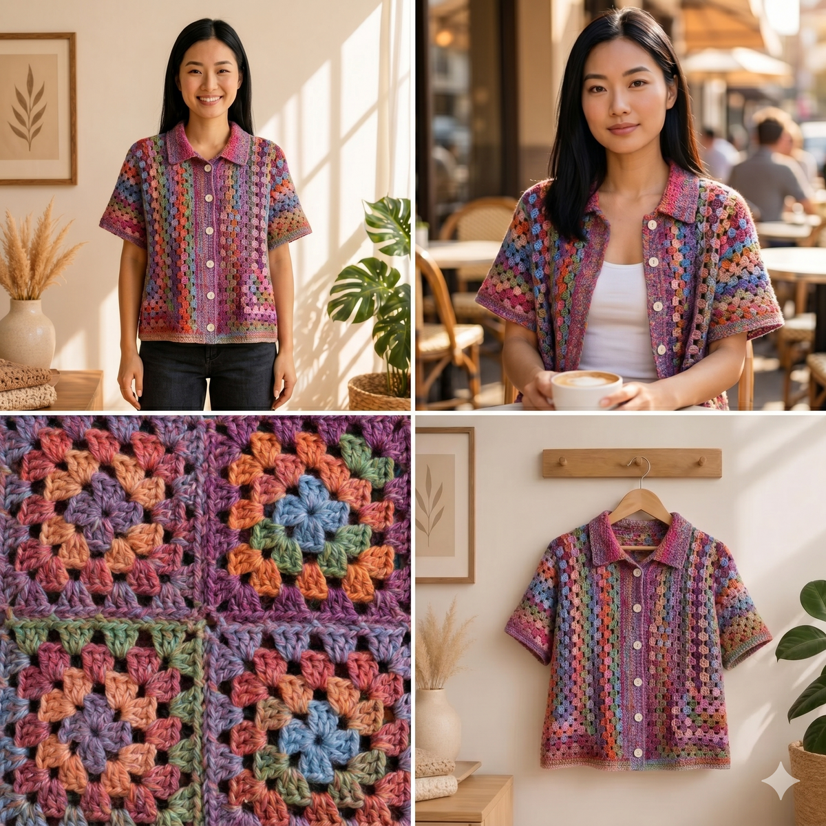 Crochet Granny Cabana Shirt Pattern, Colorful Button Up Crochet Top PDF, Boho Summer Cardigan Pattern, Granny Square Shirt