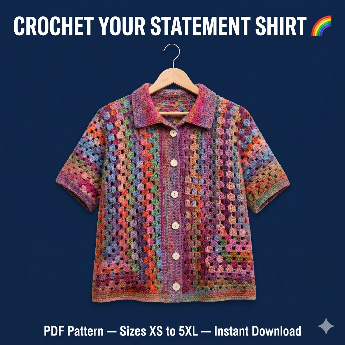 Crochet Granny Cabana Shirt Pattern, Colorful Button Up Crochet Top PDF, Boho Summer Cardigan Pattern, Granny Square Shirt