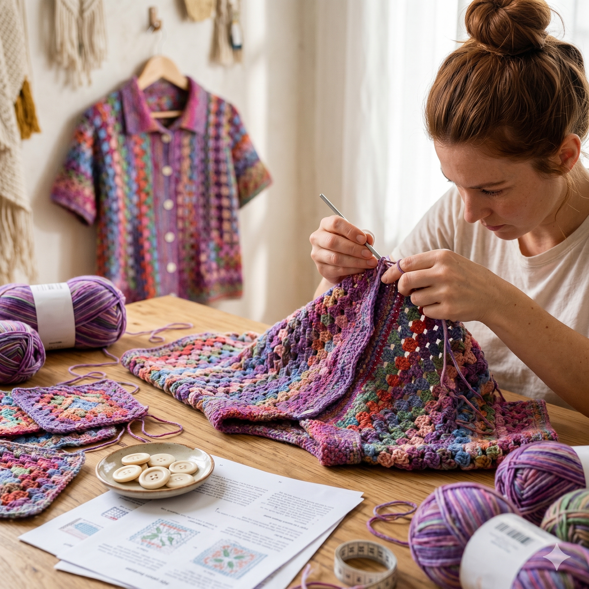 Crochet Granny Cabana Shirt Pattern, Colorful Button Up Crochet Top PDF, Boho Summer Cardigan Pattern, Granny Square Shirt