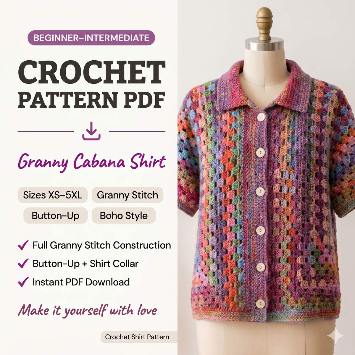 Crochet Granny Cabana Shirt Pattern, Colorful Button Up Crochet Top PDF, Boho Summer Cardigan Pattern, Granny Square Shirt
