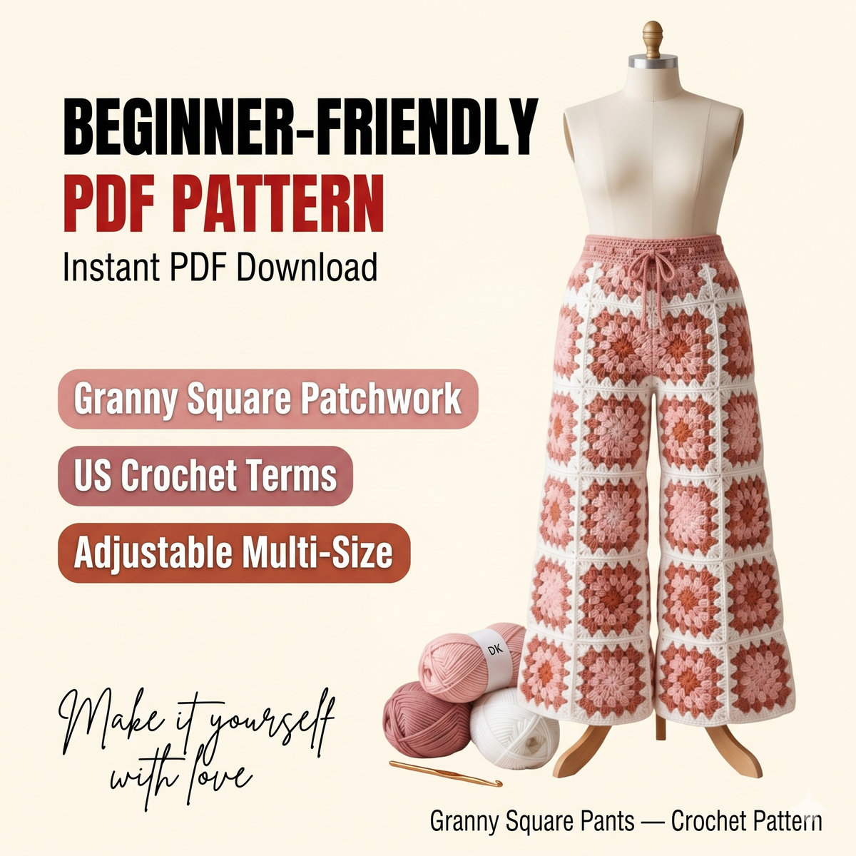 Crochet Granny Square Pants Pattern PDF | Boho High Waist Crochet Pants | Granny Square Trousers DIY | Digital Download Pattern