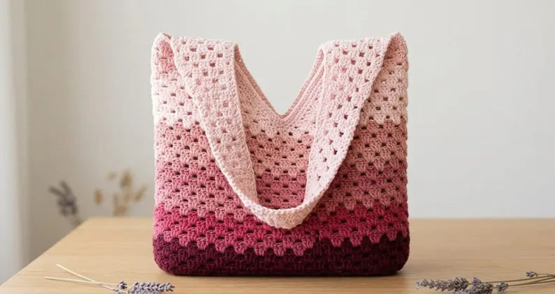 Granny Stitch Tote Bag Crochet Pattern, Ombre Pink Market Bag (PDF Download)