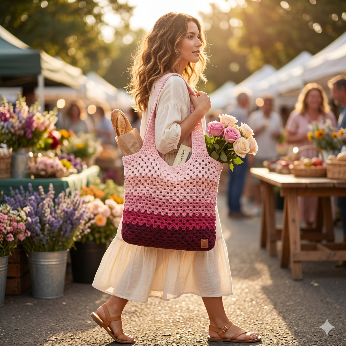 Granny Stitch Tote Bag Crochet Pattern, Ombre Pink Market Bag (PDF Download)