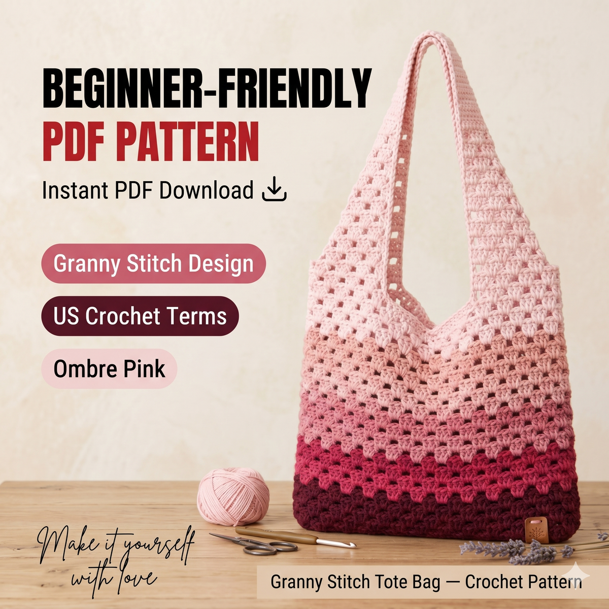 Granny Stitch Tote Bag Crochet Pattern, Ombre Pink Market Bag (PDF Download)