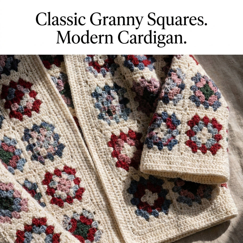 Granny Square Cardigan Crochet Pattern — Cream Oversized Cardigan with Bell Sleeves, Sizes XS–3XL, US Terms, PDF Download