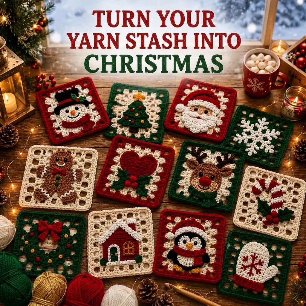 12 Christmas Granny Squares Crochet Pattern — Festive Motif Collection for Blankets, Cushions and Ornaments, US Terms, PDF Download