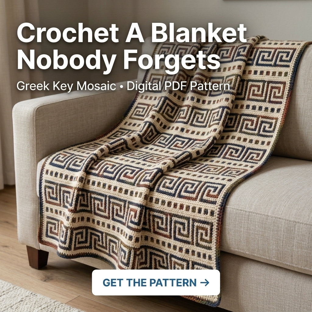 Greek Key Mosaic Crochet Blanket Pattern PDF – Classic Throw in Navy, Rust and Olive