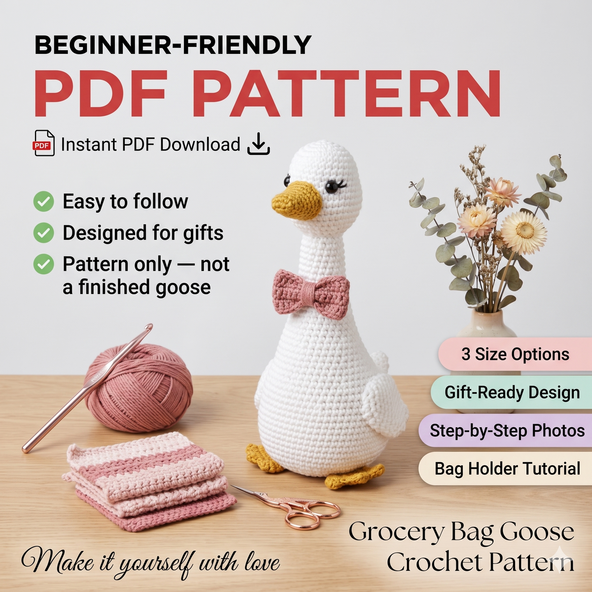 Grocery Bag Goose- English Crochet Pattern- PDF digital download- cute crochet goose, easy pattern