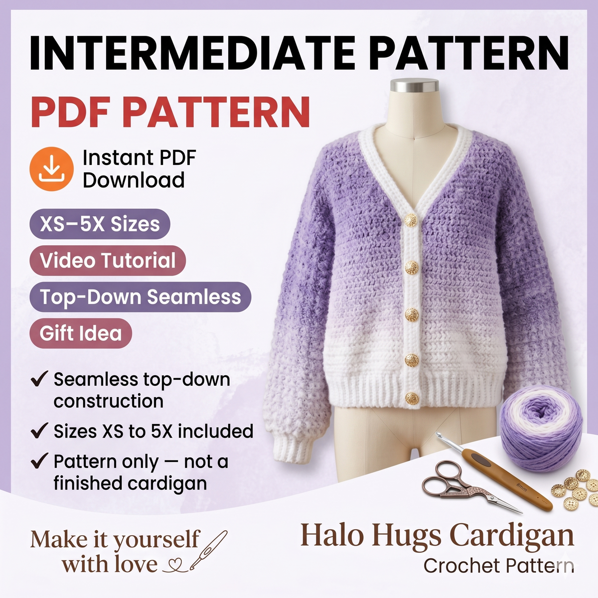 CROCHET PATTERN & VIDEO/ Halo Hugs Cardigan, Crochet Cardigan Pattern, Top-Down Cardigan, Seamless Cardigan, Xs-5X, Easy Cardigan, Pdf