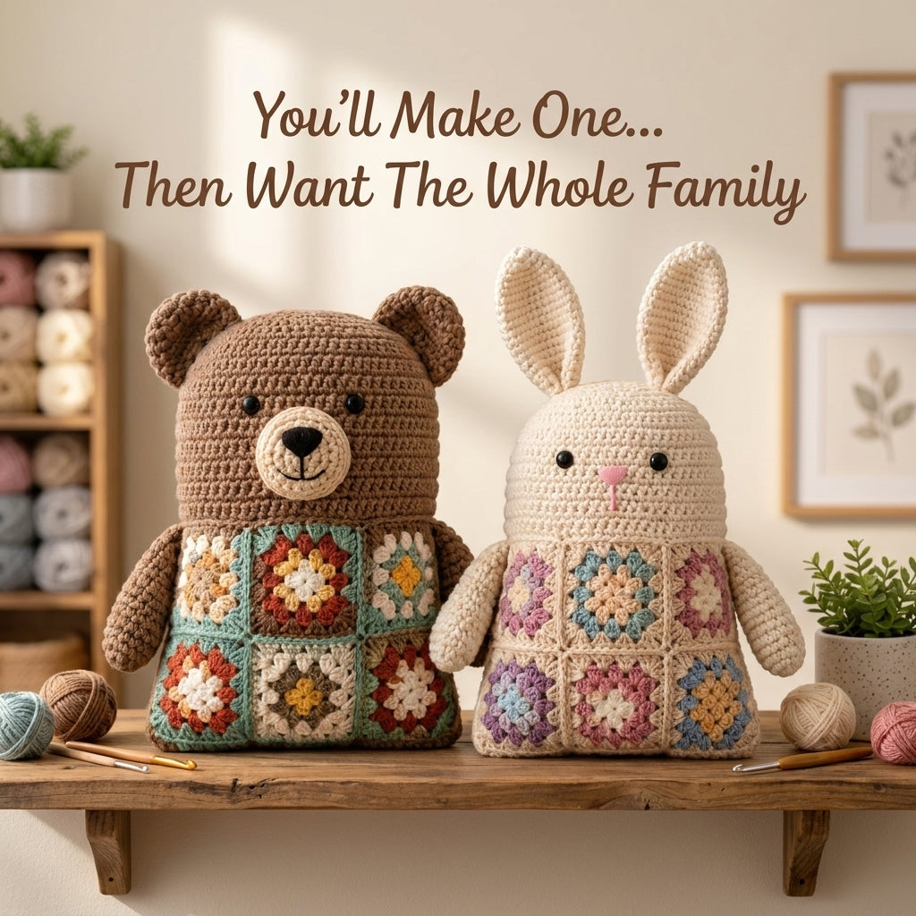 Granny Square Animal Cushion Crochet Pattern — Bear, Fox, Cat and Bunny, 4 Patterns in 1, US Terms, PDF Download