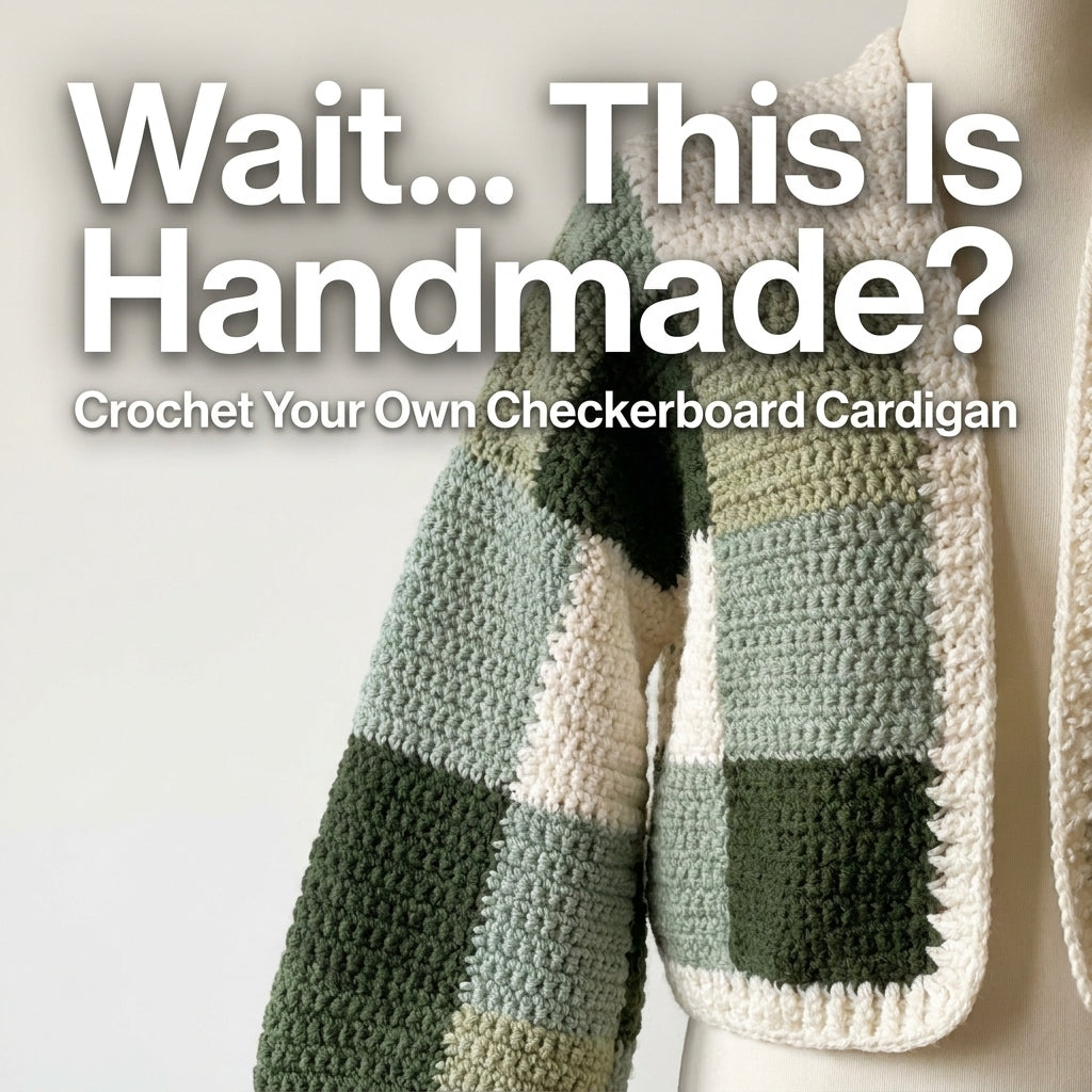 Checkerboard Crochet Cardigan Pattern | Cropped Colour Block Cardigan in Green & Cream | Sizes XS–[XX] | PDF Instant Download