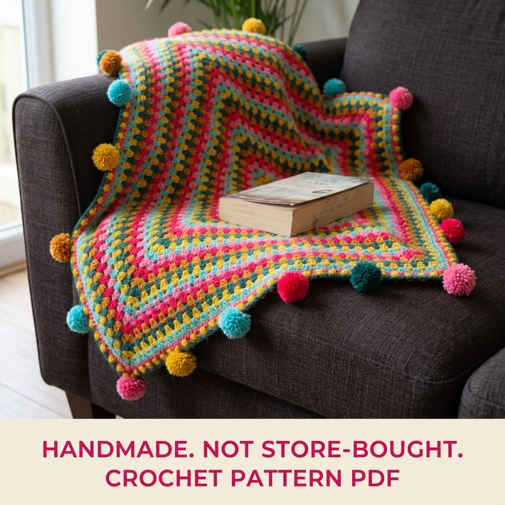 Pompom Giant Granny Square Blanket Crochet Pattern PDF – Bright Granny Throw with Pompoms