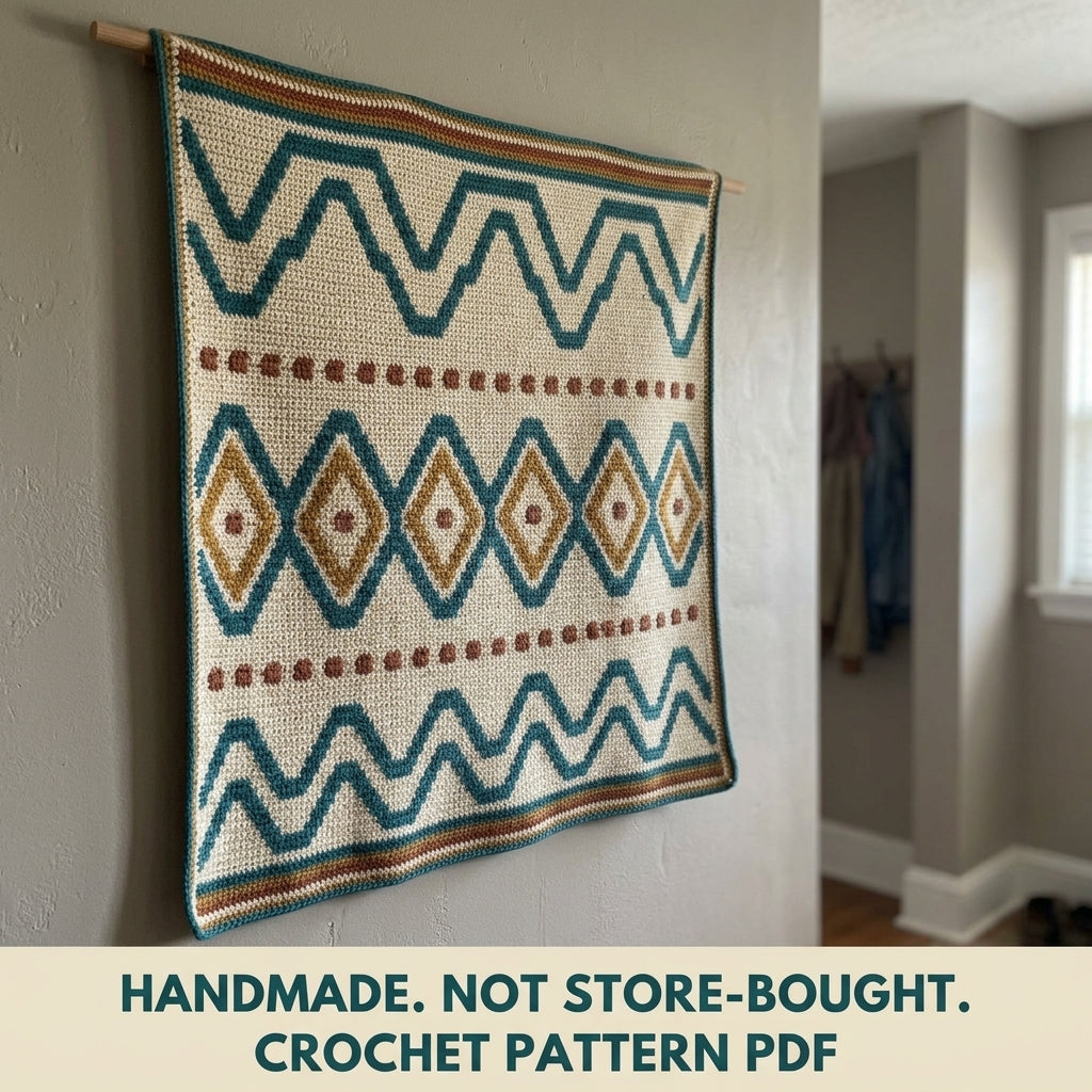 Lozenge Tapestry Crochet Wall Hanging Pattern PDF – Waves and Diamonds in Teal, Mustard and Rust