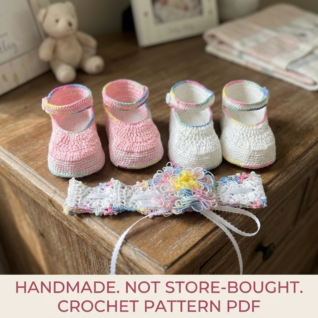 Mary Jane Booties and Headband Set Crochet Pattern PDF – Baby Christening Set