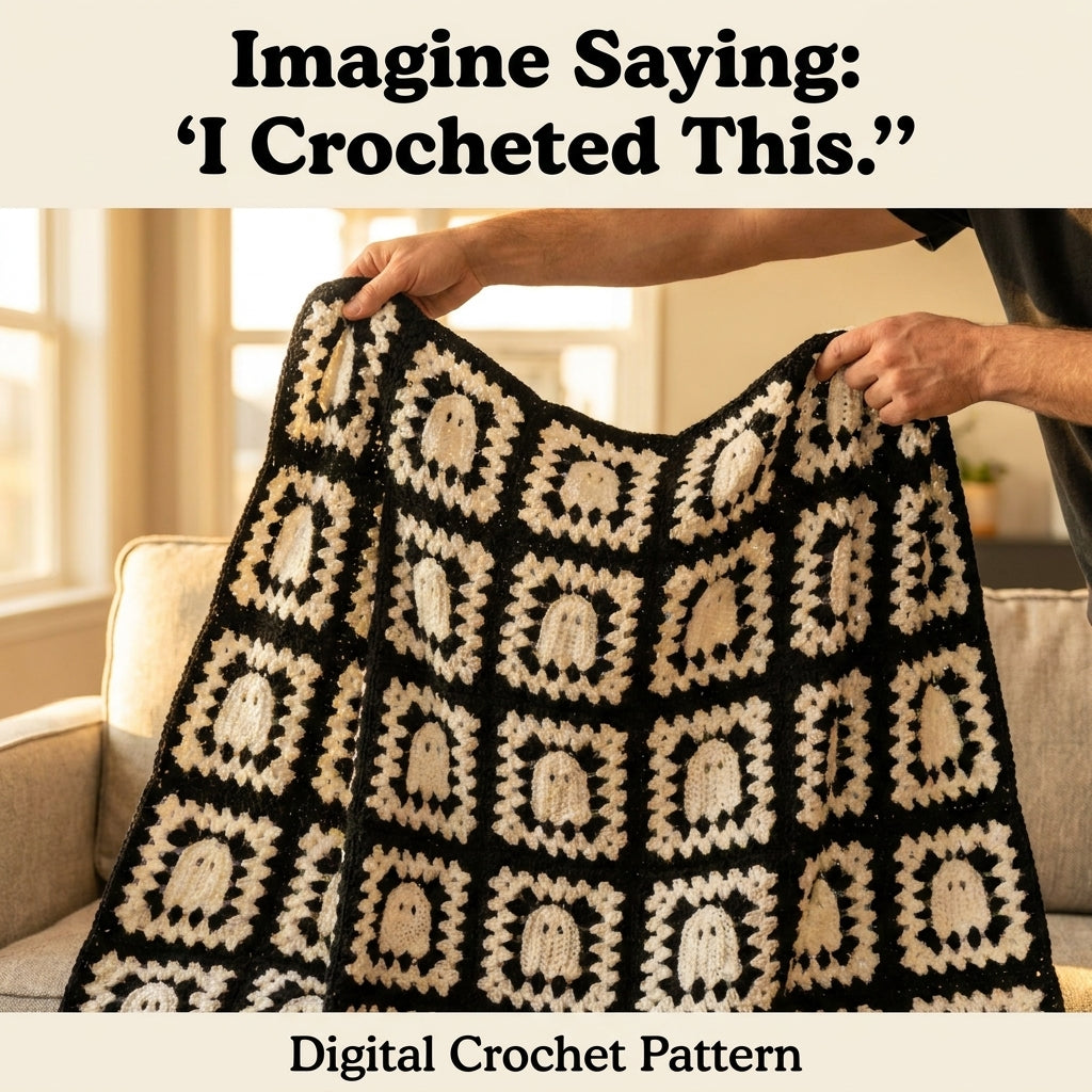 Ghost Granny Square Blanket Crochet Pattern | Black & White Halloween Throw | Beginner Granny Square Project | PDF Instant Download