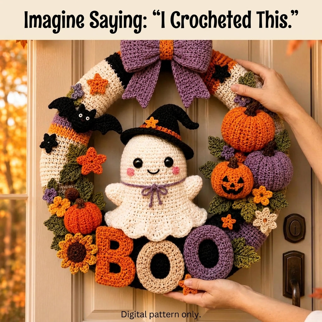 Halloween Wreath Crochet Pattern — Ghost and Pumpkin Door Wreath with BOO Letters, US Terms, PDF Download