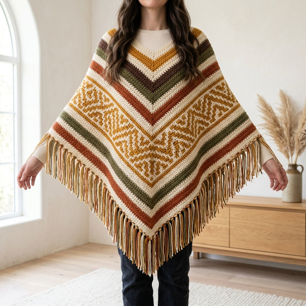 Harvest Mosaic Poncho Crochet Pattern PDF – Boho Fringe Poncho with Mosaic Colourwork Band