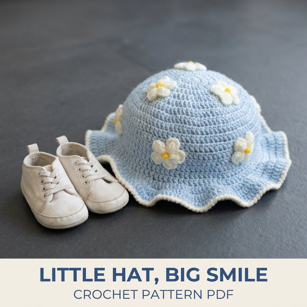 Blue Flower Ruffle Baby Hat Crochet Pattern PDF – Baby Sun Hat with Puff Flowers