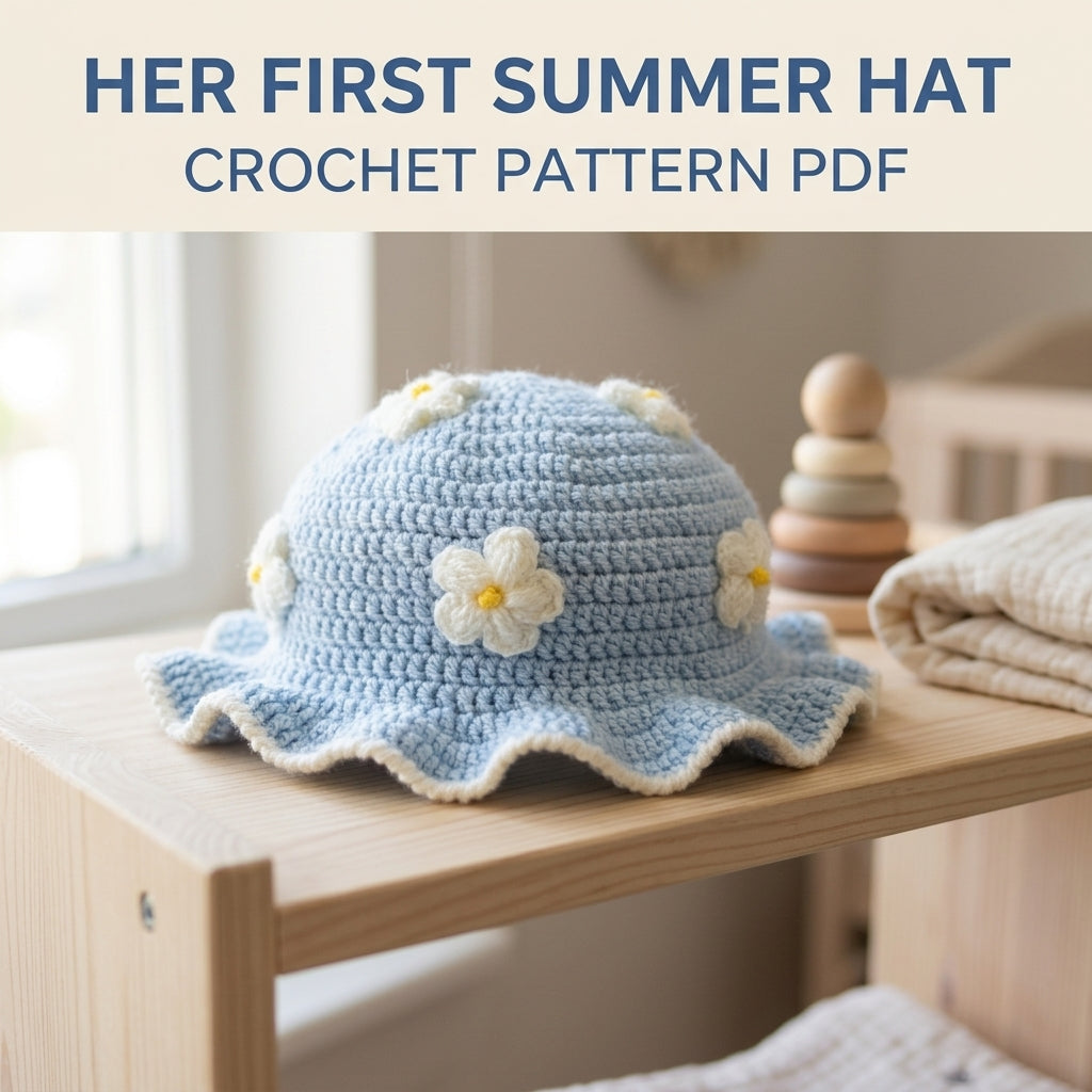 Blue Flower Ruffle Baby Hat Crochet Pattern PDF – Baby Sun Hat with Puff Flowers