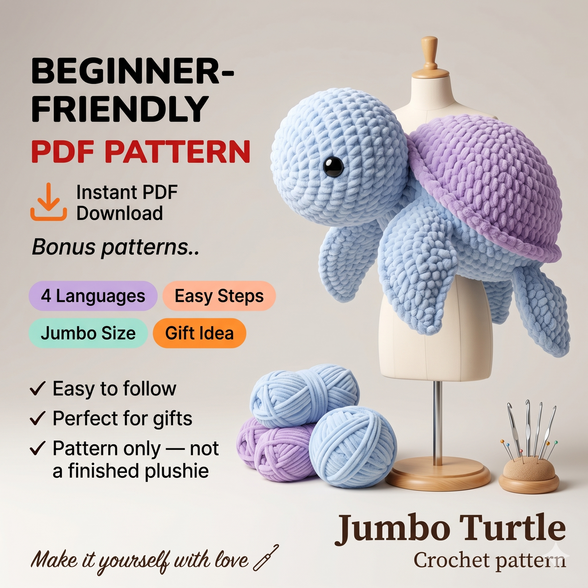Jumbo Crochet Turtle Pattern: Easy Amigurumi Plushie (PDF Download, Multilingual)