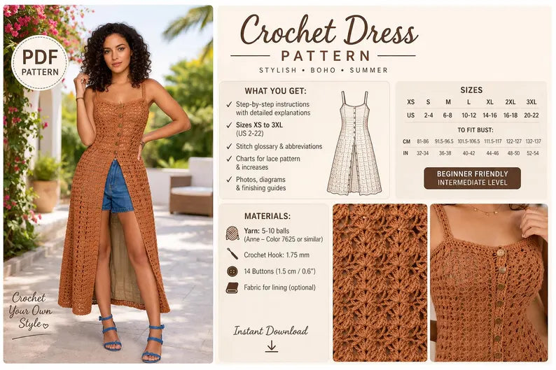 Crochet Dress Pattern, Summer Boho Lace Button-Front (PDF Download)