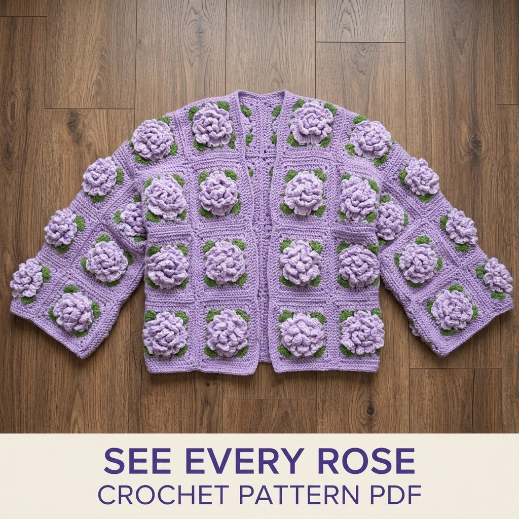 Lavender Rose Square Cardigan Crochet Pattern PDF – 3D Rose Granny Cardigan