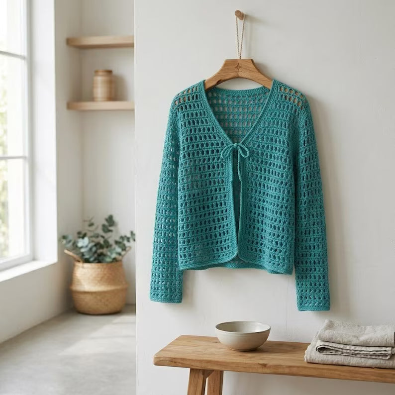 Boho Crochet Mesh Cardigan Pattern PDF - Lightweight V-Neck Summer Sweater, Sizes XS to 5XL, Instant Download