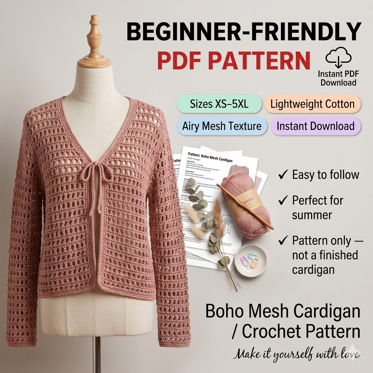 Boho Crochet Mesh Cardigan Pattern PDF - Lightweight V-Neck Summer Sweater, Sizes XS to 5XL, Instant Download