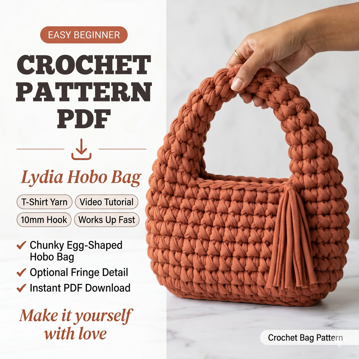Crochet Bag PATTERN: Lydia T-shirt Yarn Hobo Bag, DIY Chunky Egg Shaped Handbag, Fringed Women Purse Pdf/Video (Digital Download)