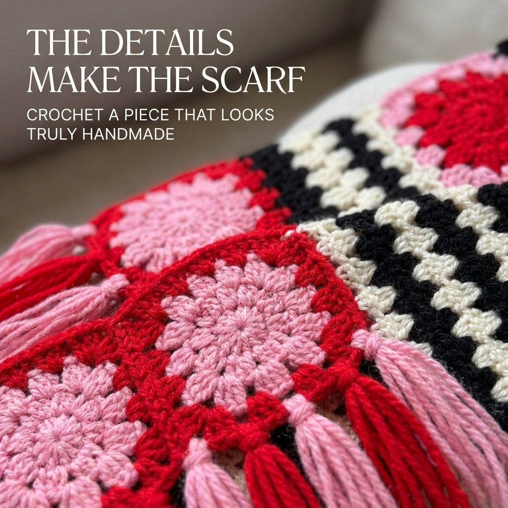 Granny Square Scarf Crochet Pattern | Flower Squares & Striped Panels with Fringe | Oversized Winter Scarf | PDF Instant Download