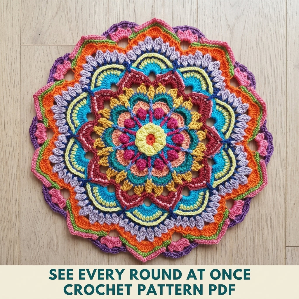 Rainbow Mandala Crochet Pattern PDF – Colourful Round Doily for Yarn Scraps
