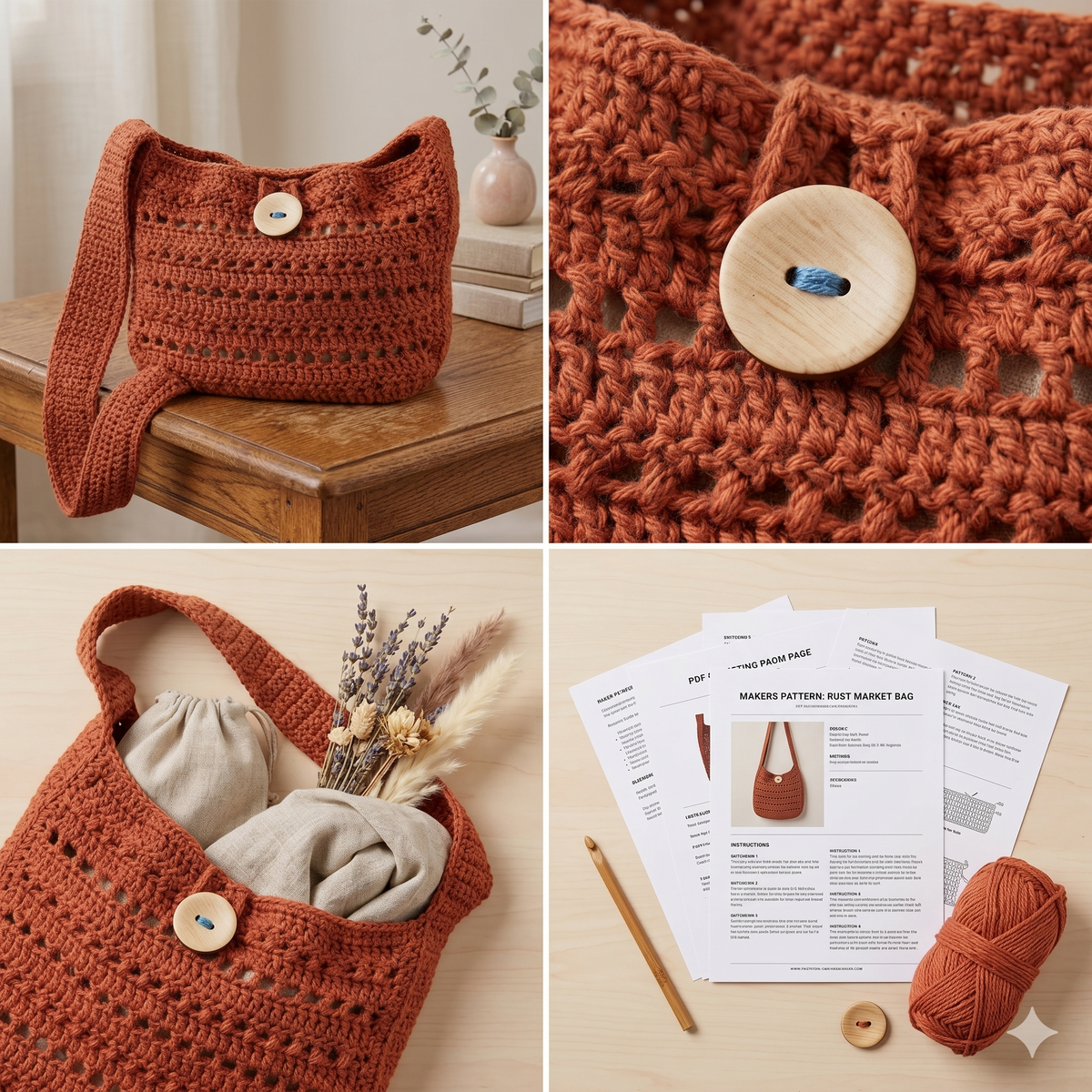 Boho Crochet Tote Bag Pattern | Textured Shoulder Market Bag DIY (PDF Download)