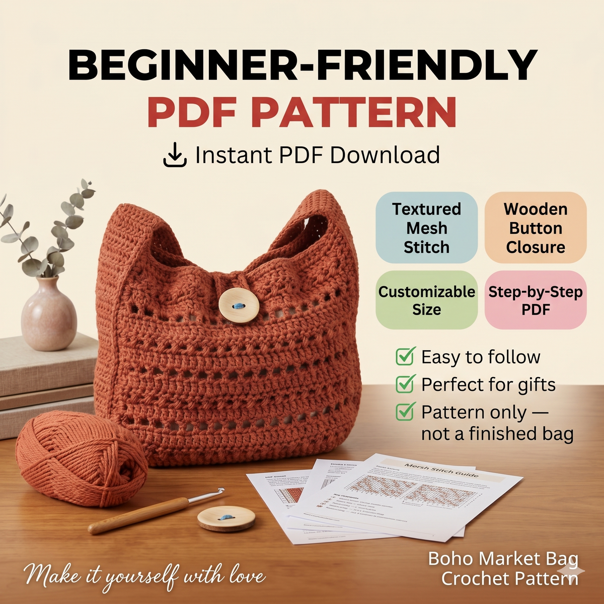 Boho Crochet Tote Bag Pattern | Textured Shoulder Market Bag DIY (PDF Download)