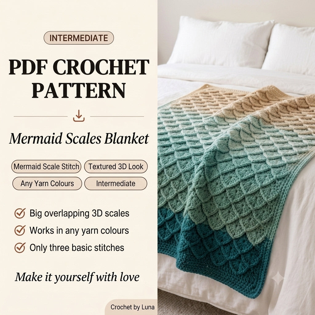 Mermaid Scale Crochet Blanket Pattern PDF – Textured 3D Scales Throw in Teal and Sand