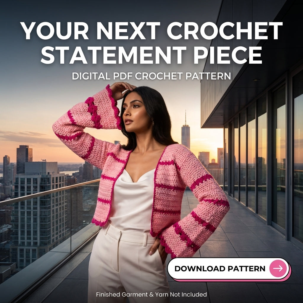 Striped Crochet Cardigan Pattern | Cropped Bolero with Flared Bell Sleeves | Picot Edging | Sizes XS–[XX] | PDF Instant Download