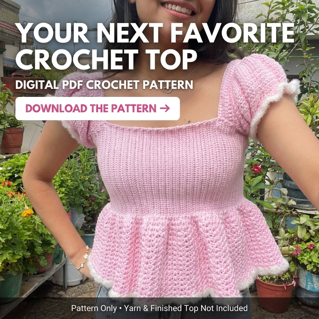 Peplum Crochet Top Pattern | Square Neck Puff Sleeve Ribbed Bodice | Sizes XS–[XX] | PDF Instant Download