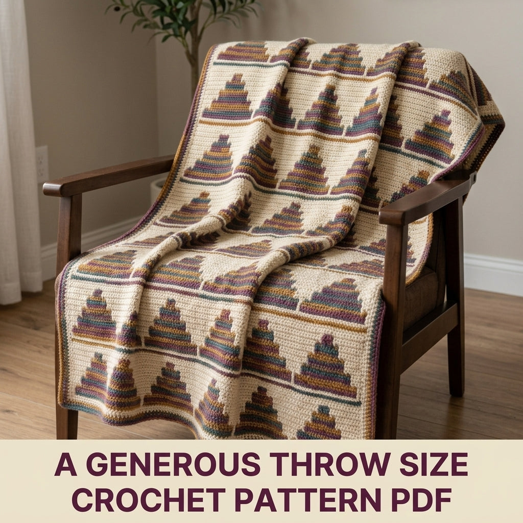 Stepped Pyramid Mosaic Crochet Blanket Pattern PDF – Striped Triangle Throw in Plum, Mustard and Teal