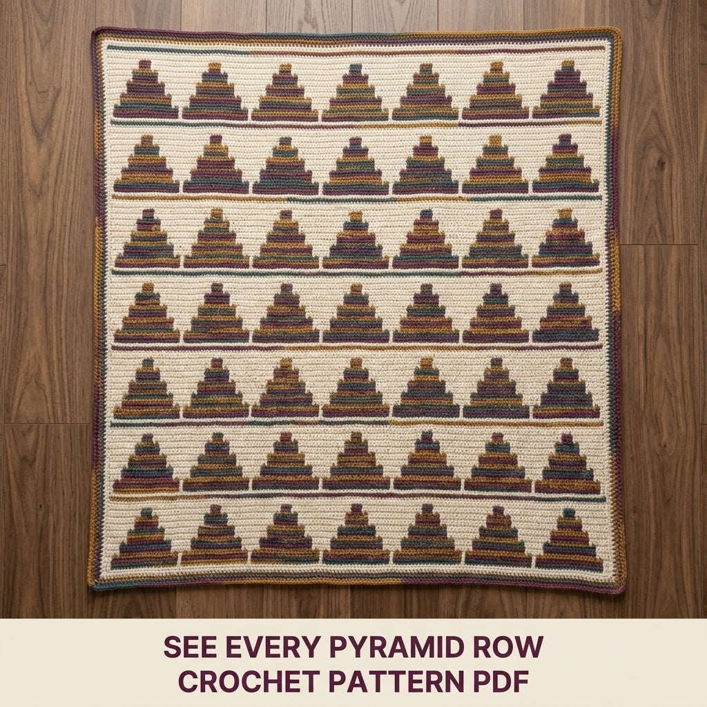 Stepped Pyramid Mosaic Crochet Blanket Pattern PDF – Striped Triangle Throw in Plum, Mustard and Teal