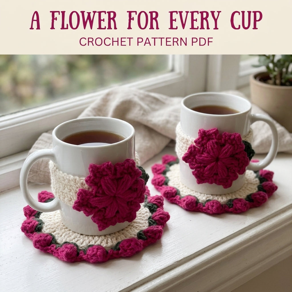 Pink Flower Mug Cozy and Coaster Set Crochet Pattern PDF – Mug Rug Set