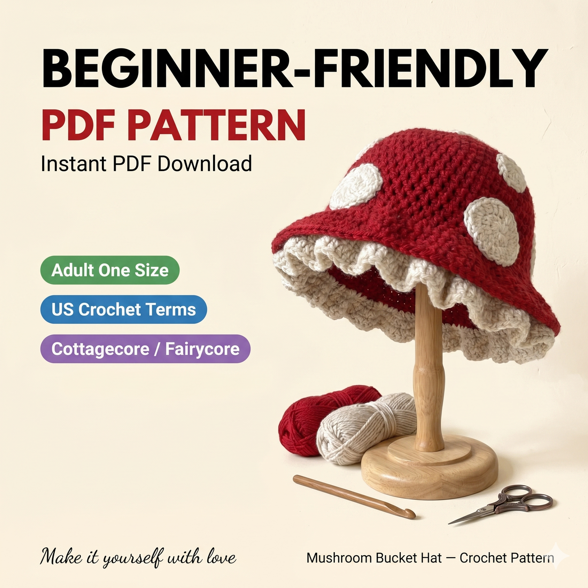 Mushroom Hat Crochet Pattern PDF | Toadstool Bucket Hat | Cottagecore Fairycore Hat | Beginner Friendly | Instant Digital Download