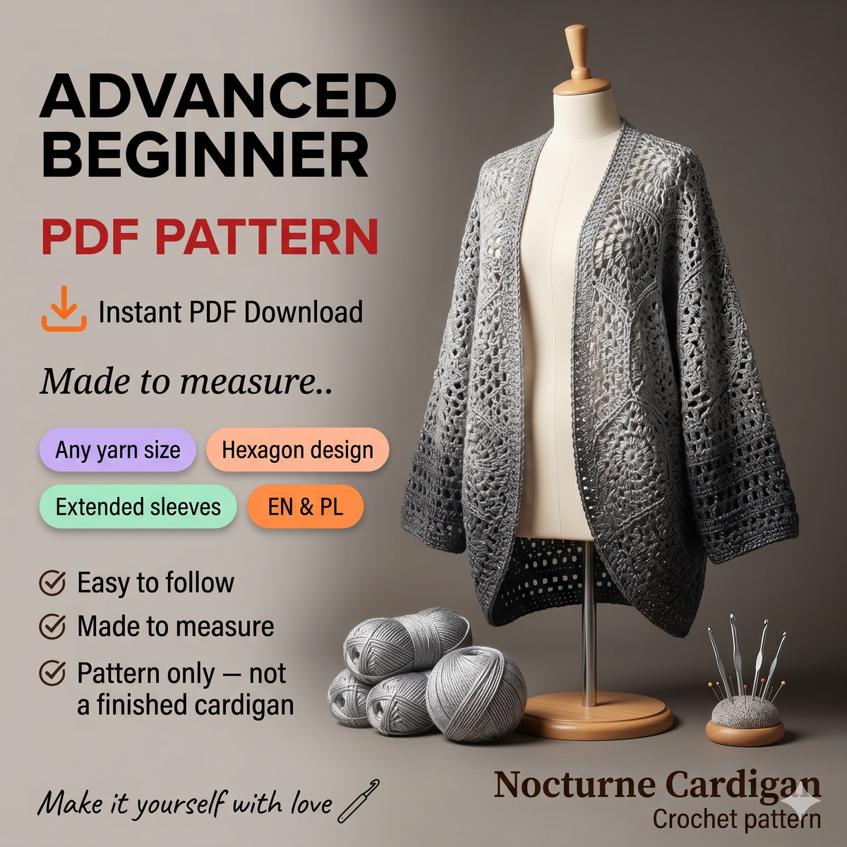 Nocturne Hexagon Cardigan Crochet Pattern: Goth Witch Cottagecore (PDF Pattern)