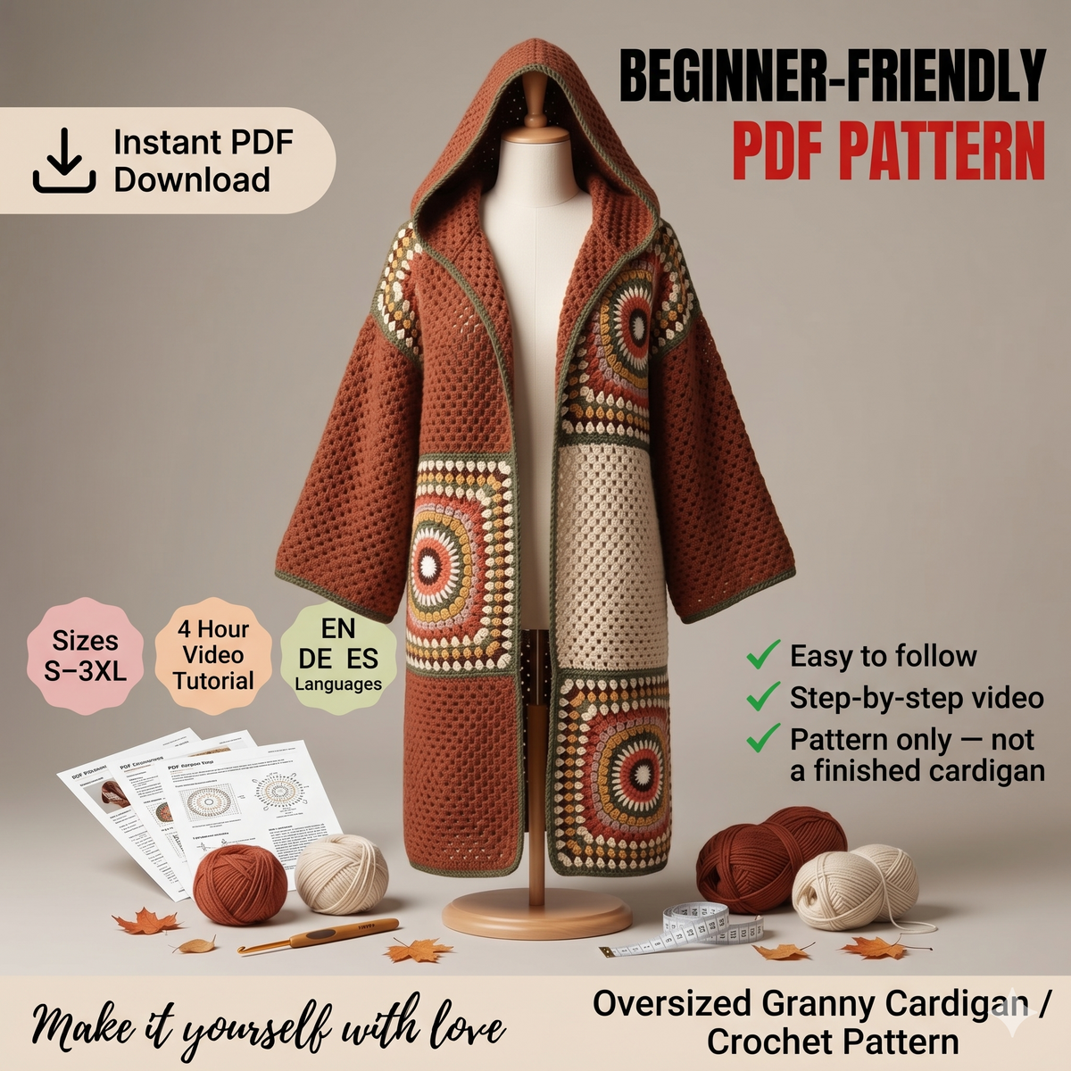 Crochet Hooded Cardigan Pattern PDF with Video Tutorial, Oversized Granny Square Coat DIY