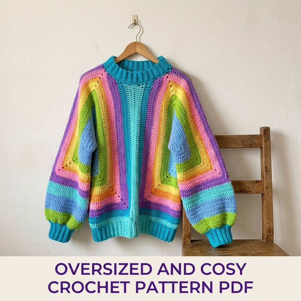 Rainbow Hexagon Sweater Crochet Pattern PDF – Oversized Swirl Stripe Pullover
