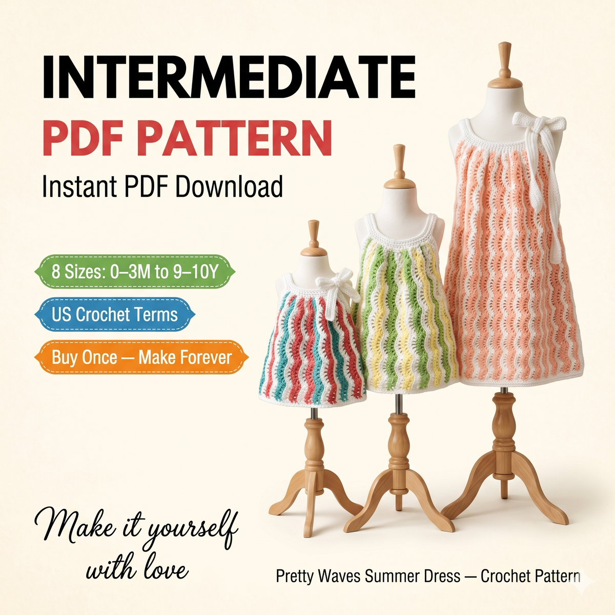 PDF Crochet PATTERN Pretty Waves Favorite Dress N 614 Size 0-3 months to 9-10 years