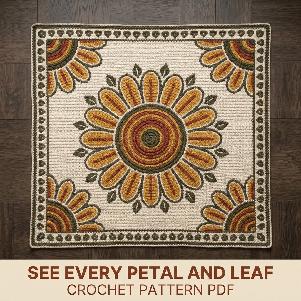 Sunflower Tapestry Crochet Blanket Pattern PDF – Floral Medallion Throw in Mustard, Rust and Olive