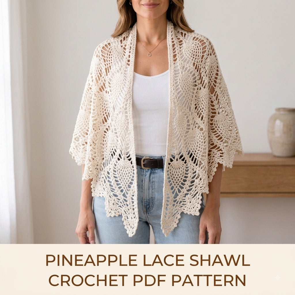 Pineapple Lace Shawl Crochet Pattern PDF – Classic Lace Wrap with Pointed Scalloped Edge