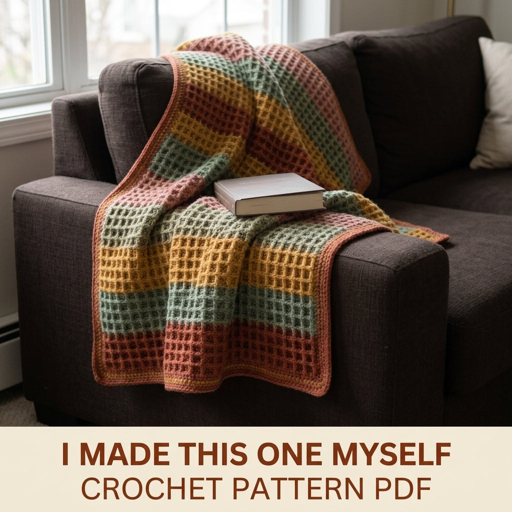 Waffle Stitch Crochet Blanket Pattern PDF – Easy Textured Striped Throw in Rust, Sage and Mustard