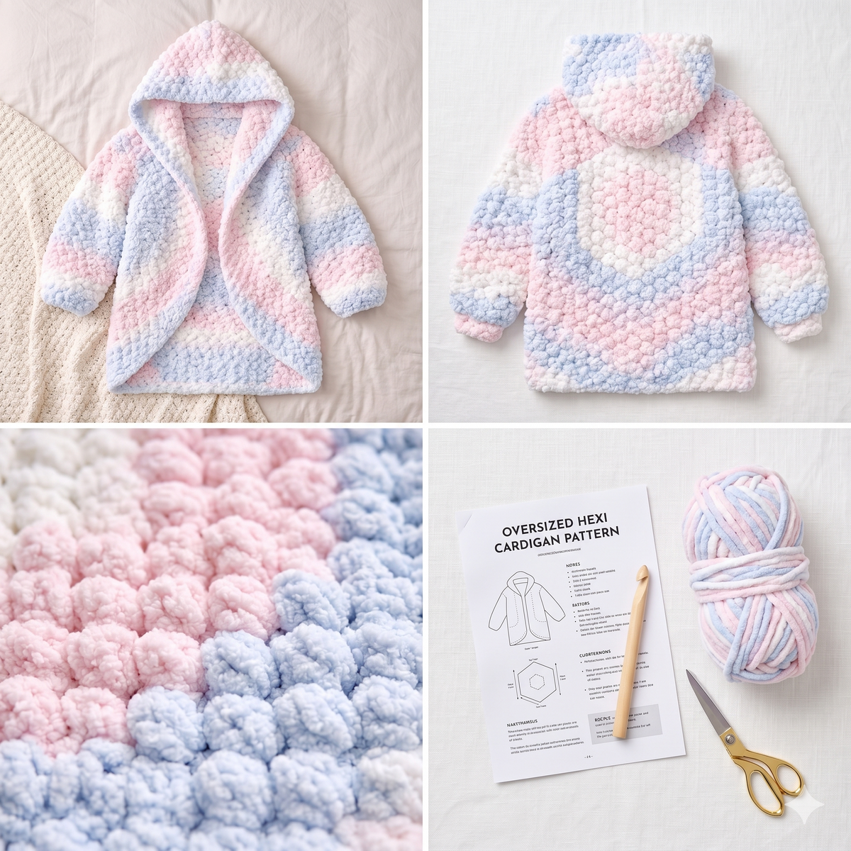 Pastel Hexi Cardigan Crochet Pattern | Chunky Oversized Hooded Sweater Tutorial (PDF)