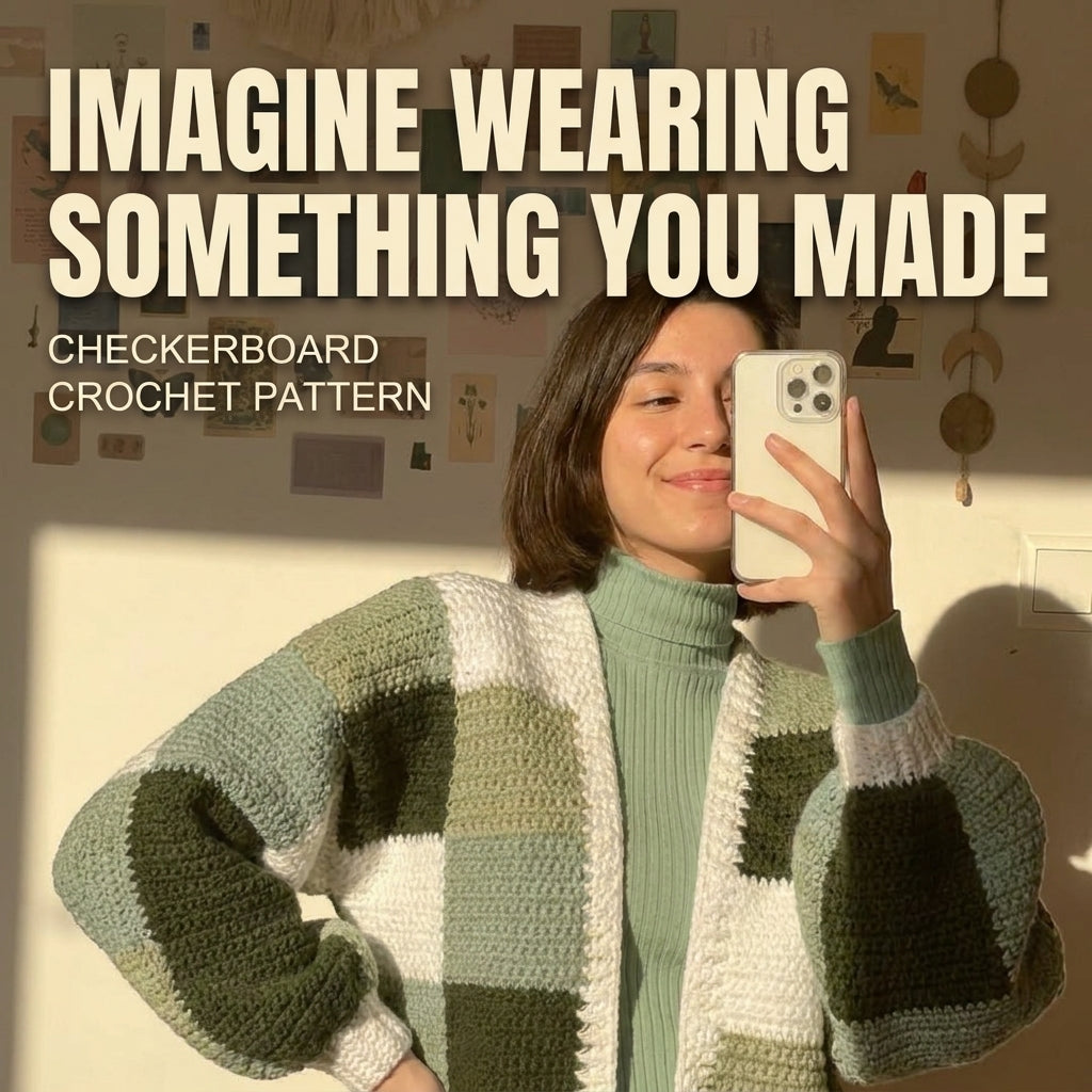 Checkerboard Crochet Cardigan Pattern | Cropped Colour Block Cardigan in Green & Cream | Sizes XS–[XX] | PDF Instant Download