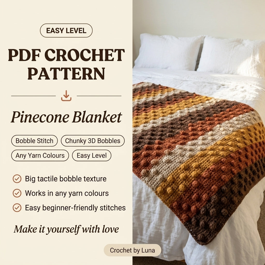 Pinecone Stitch Crochet Blanket Pattern PDF – Easy Textured Autumn Throw in Brown, Rust and Mustard